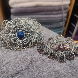 Victorian?? Elegant Silver and Blue Hair Brooch Set